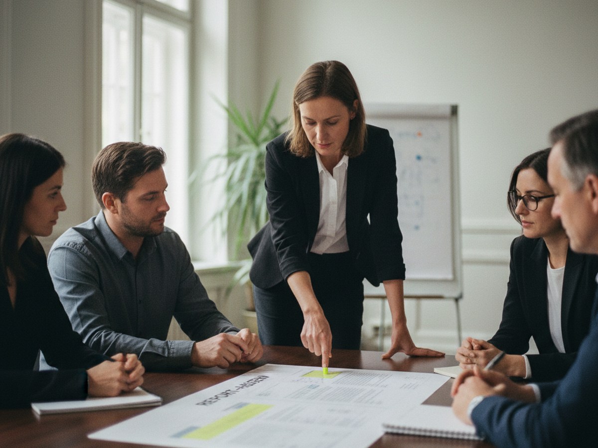 A manager presenting a printed report to colleagues around a table, pointing at a highlighted section