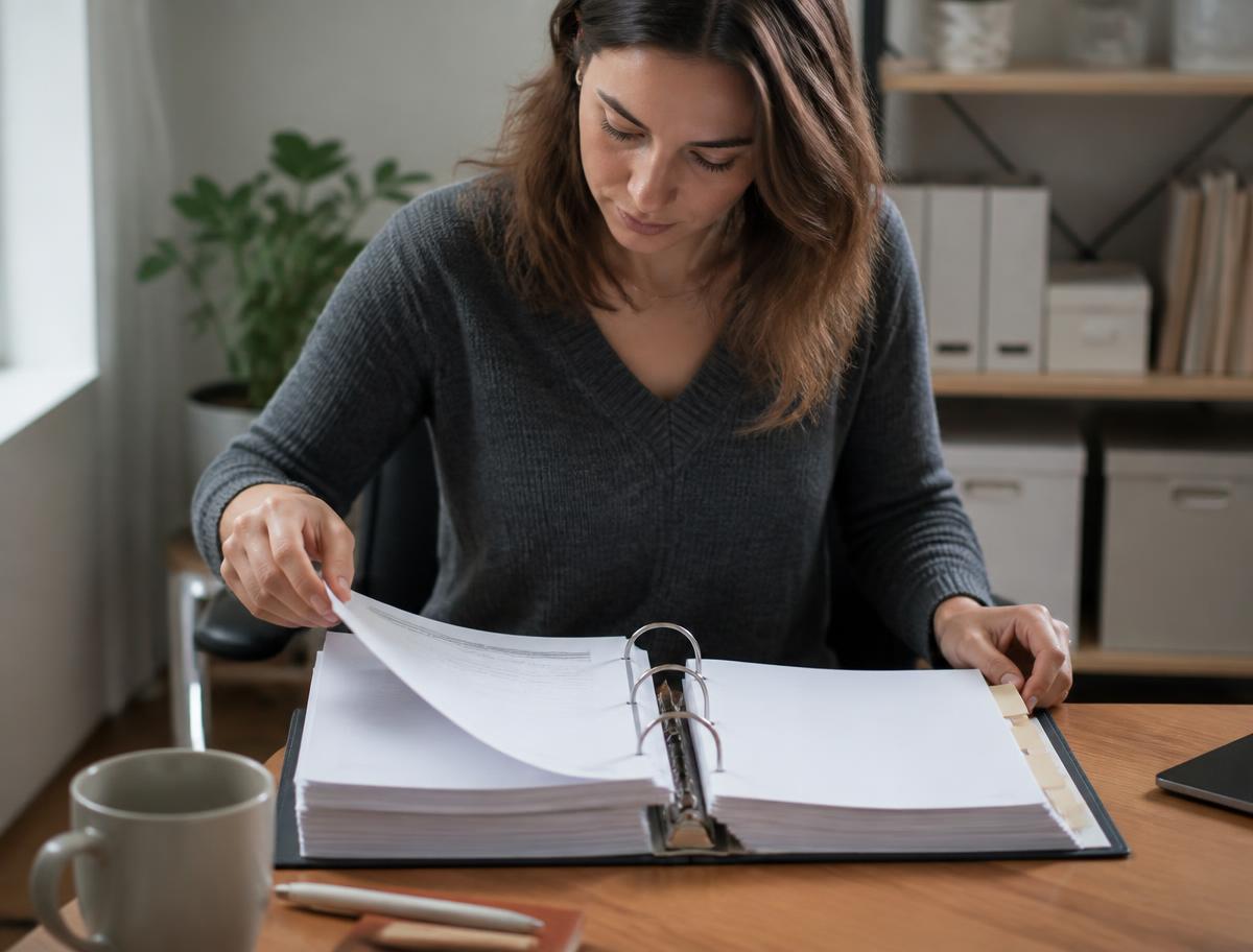 A person pulling a reference sheet from a labelled binder in a tidy office