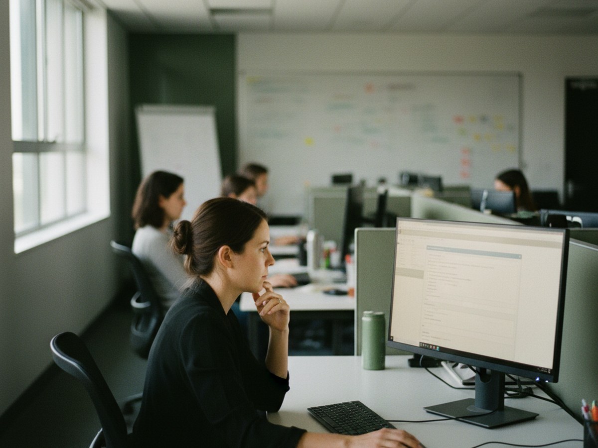 A rep reviewing a CRM deal record on a monitor with call notes filled into structured fields