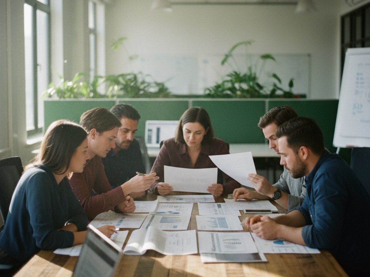 A team reviewing a printed competitive brief together around a conference table