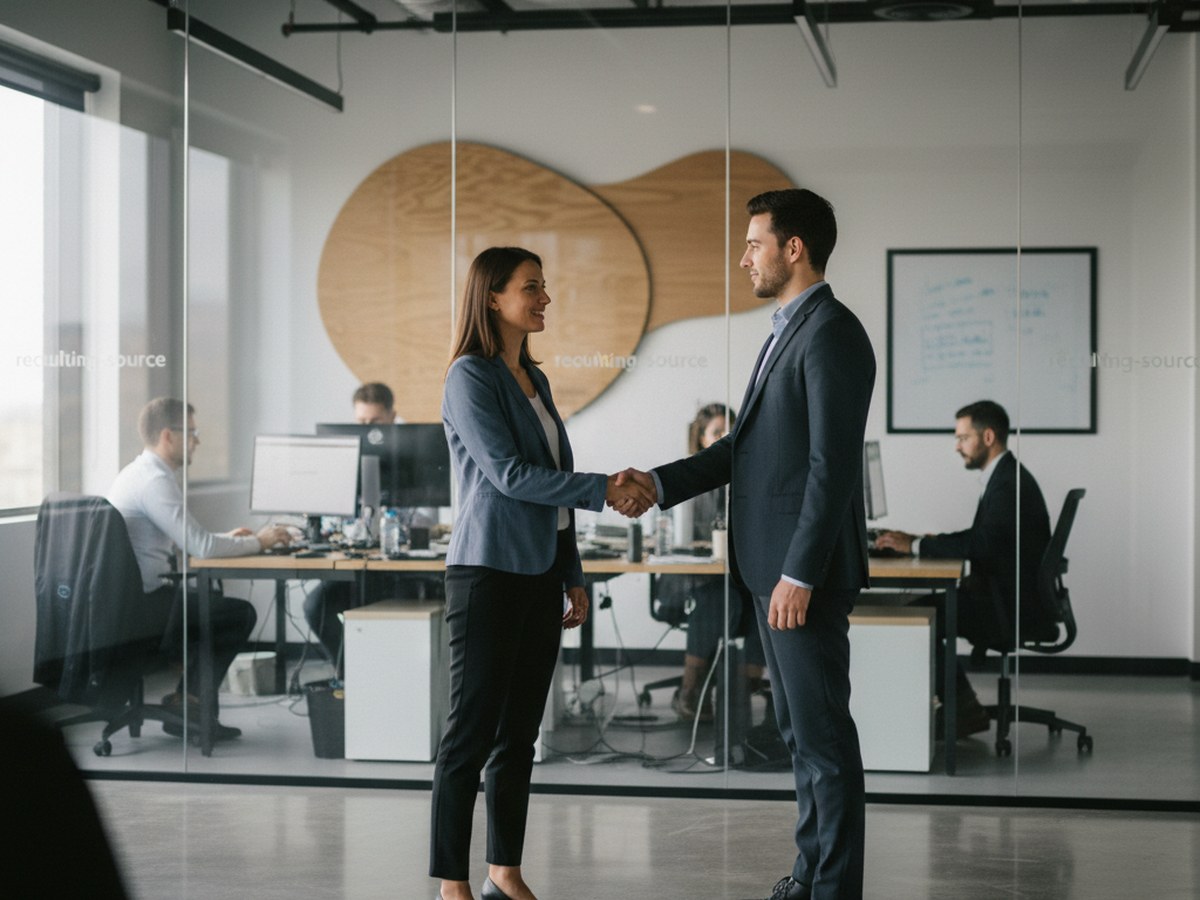 A recruiter shaking hands with a candidate in an office lobby after a screening interview