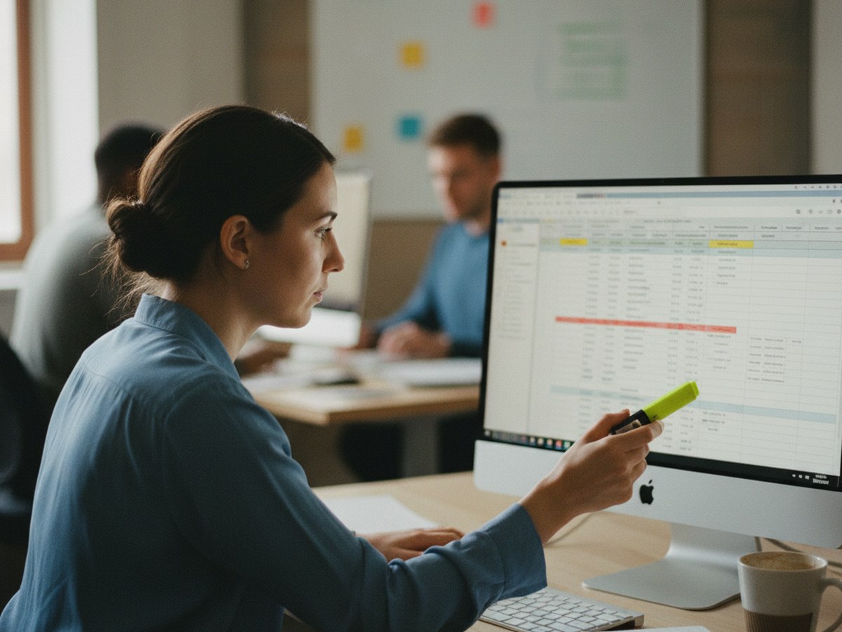 A support analyst reviewing a spreadsheet of recurring ticket topics on a monitor, highlighter in hand