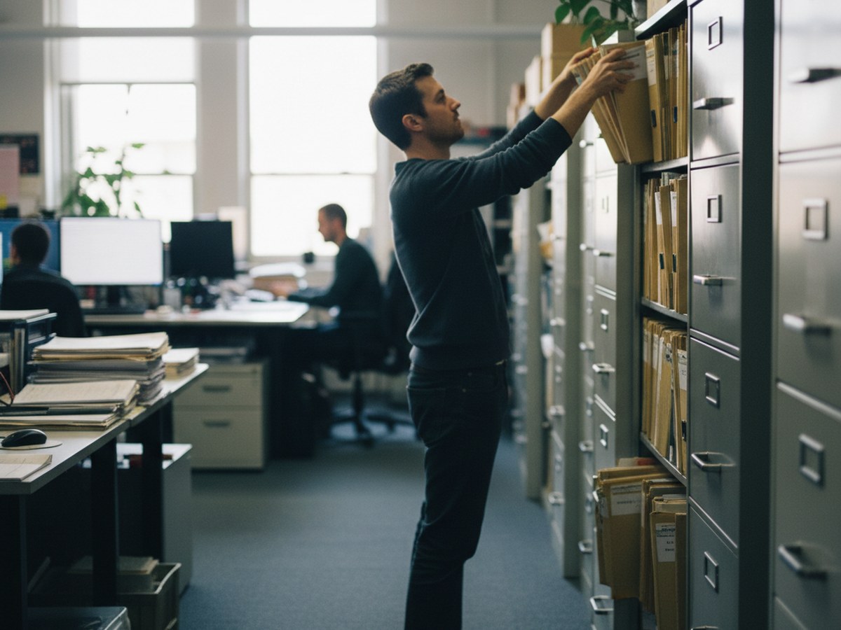 A worker organizing folders of processed paperwork on a shelf of filing cabinets