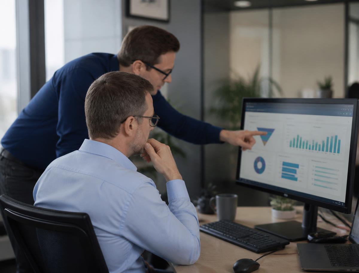 A sales manager and colleague reviewing a pipeline dashboard on a monitor