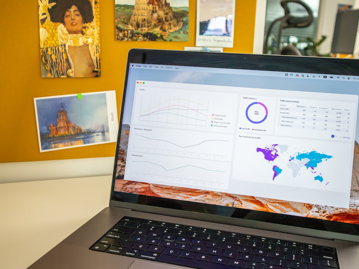 A laptop on a desk showing a social media analytics dashboard