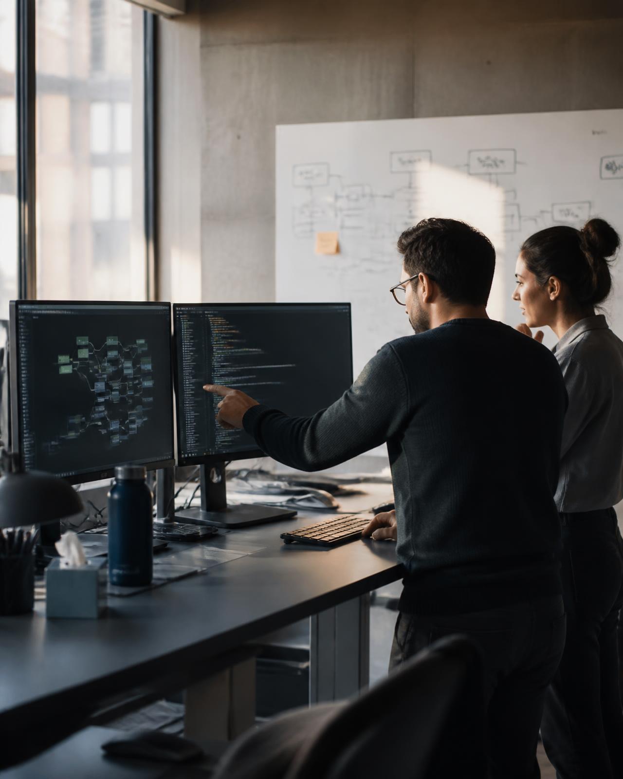 Two engineers reviewing an agent workflow graph and logs on dual monitors in a studio