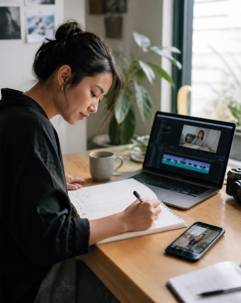 A content strategist sketching a publishing calendar in a notebook next to a laptop showing a video timeline