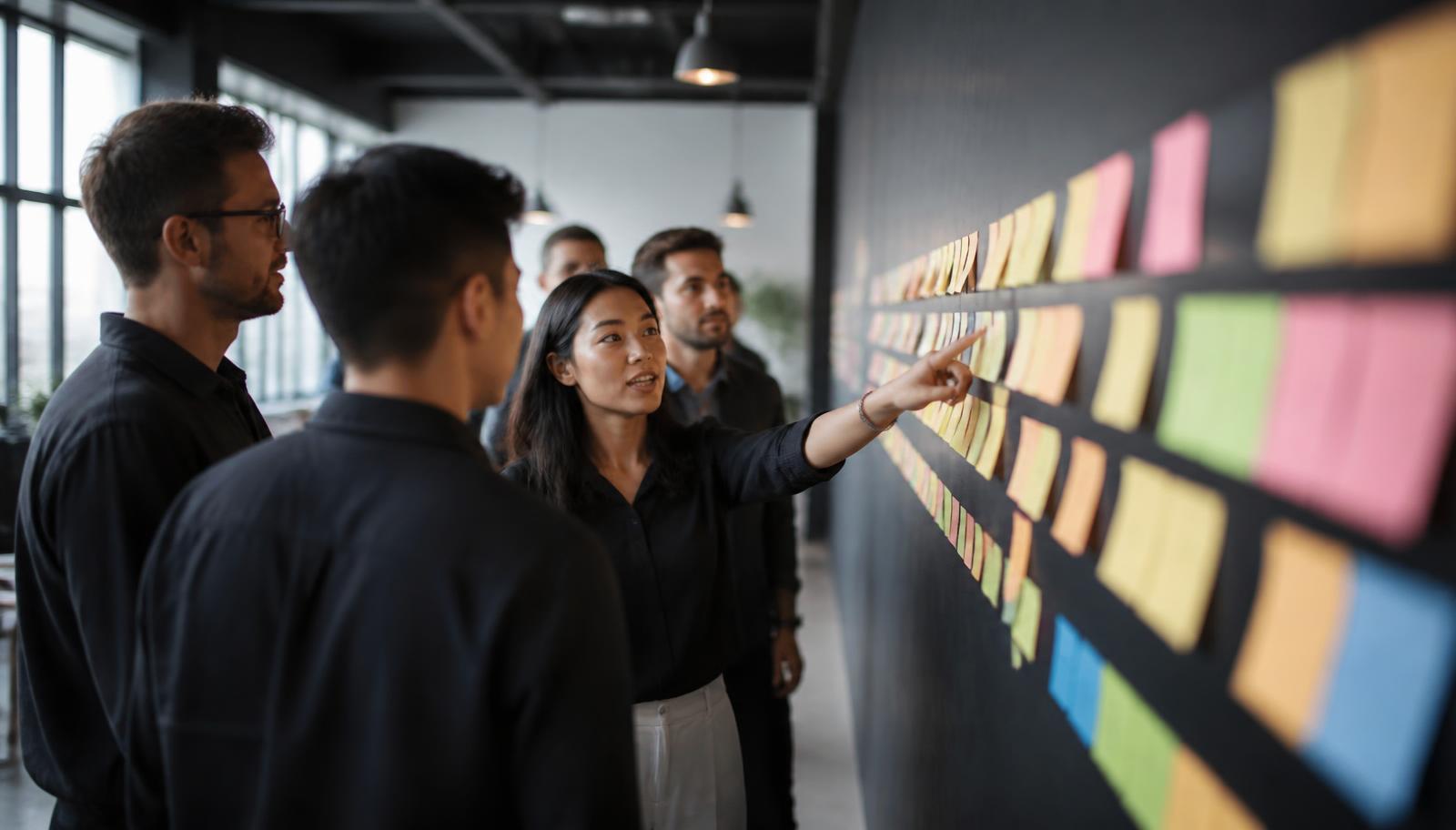 A team walking through a long wall of sequenced sticky notes together