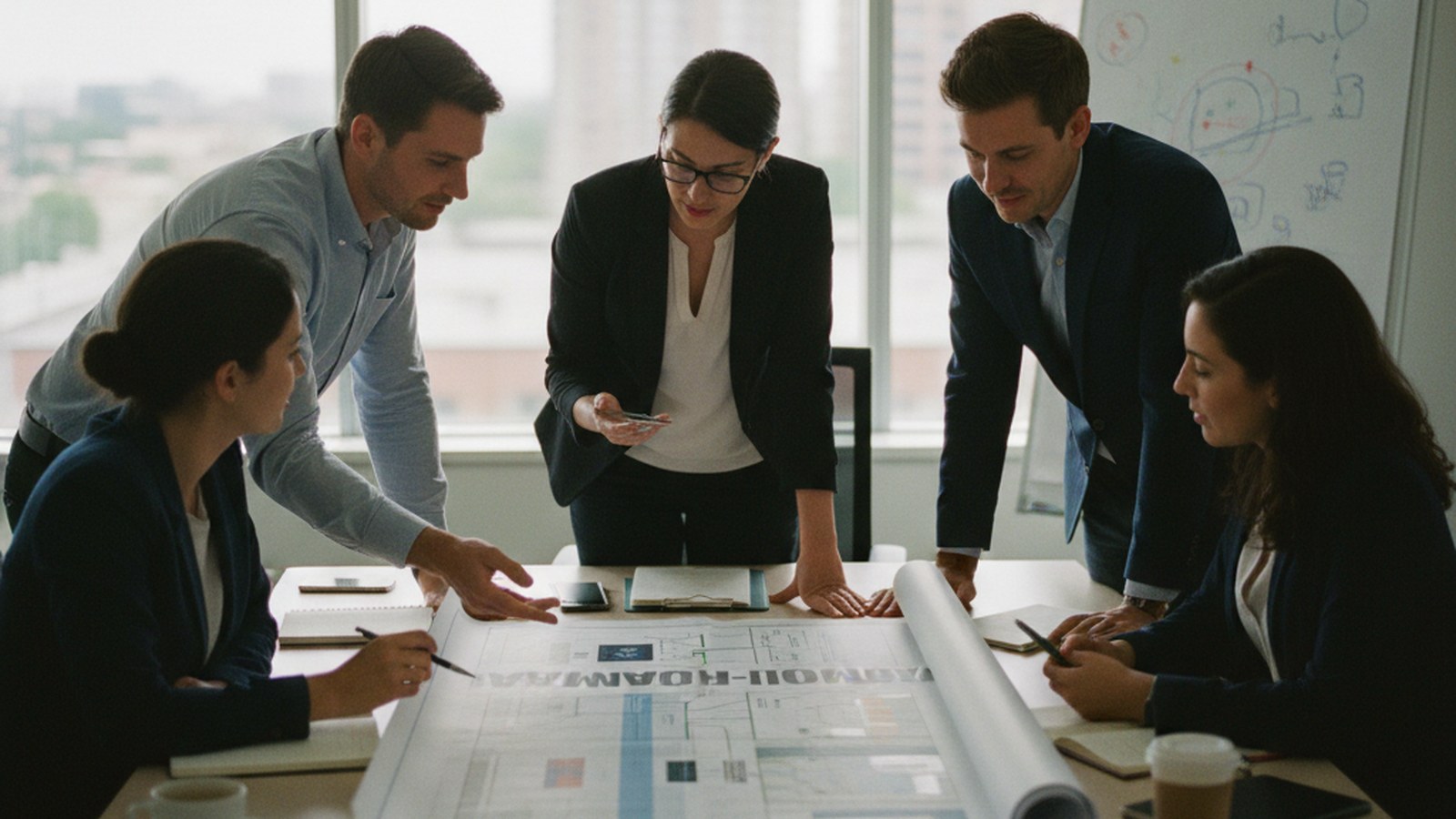 A leadership team reviewing a printed roadmap document spread across a conference table