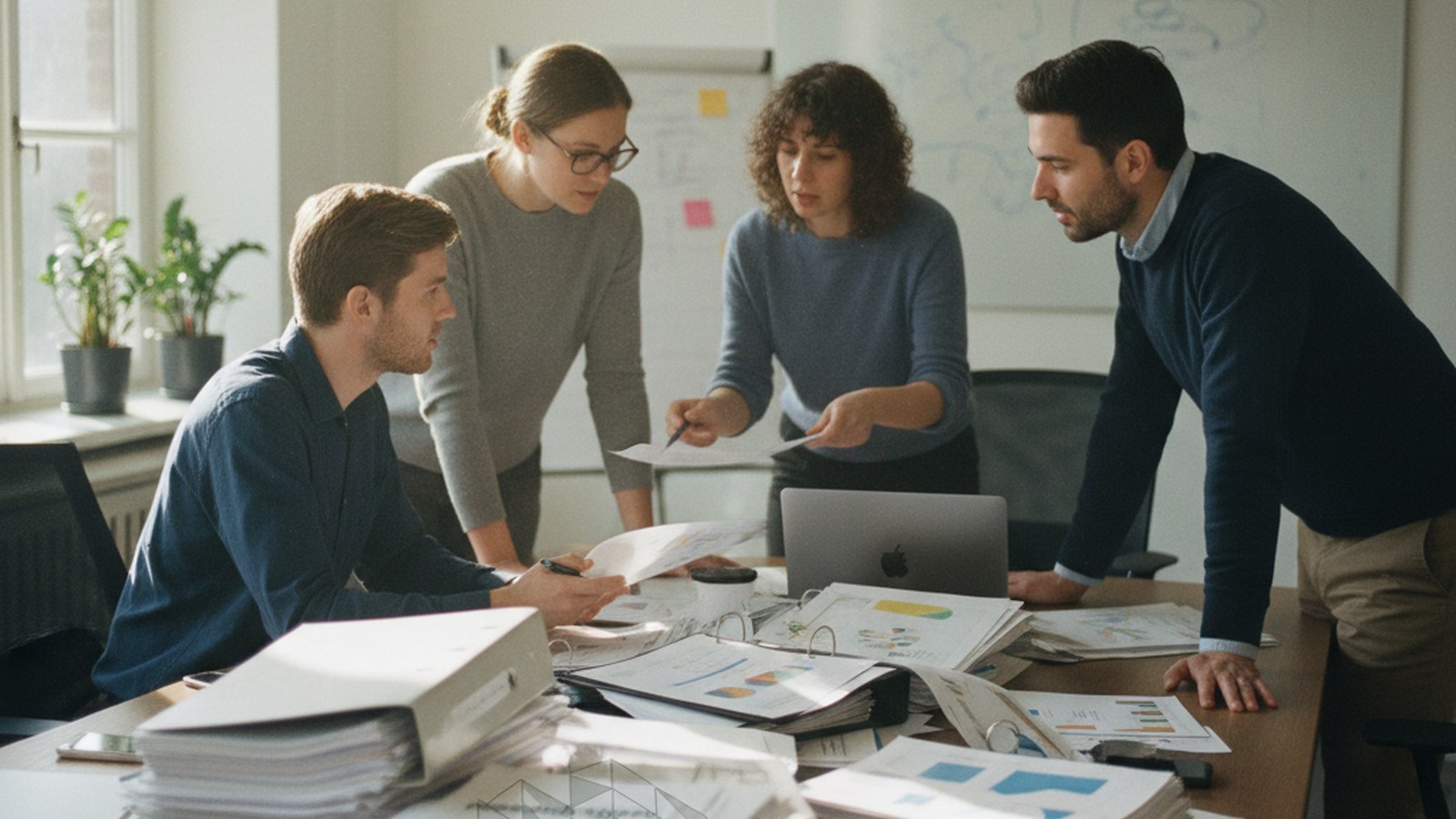 Colleagues discussing a stack of research documents spread across a table