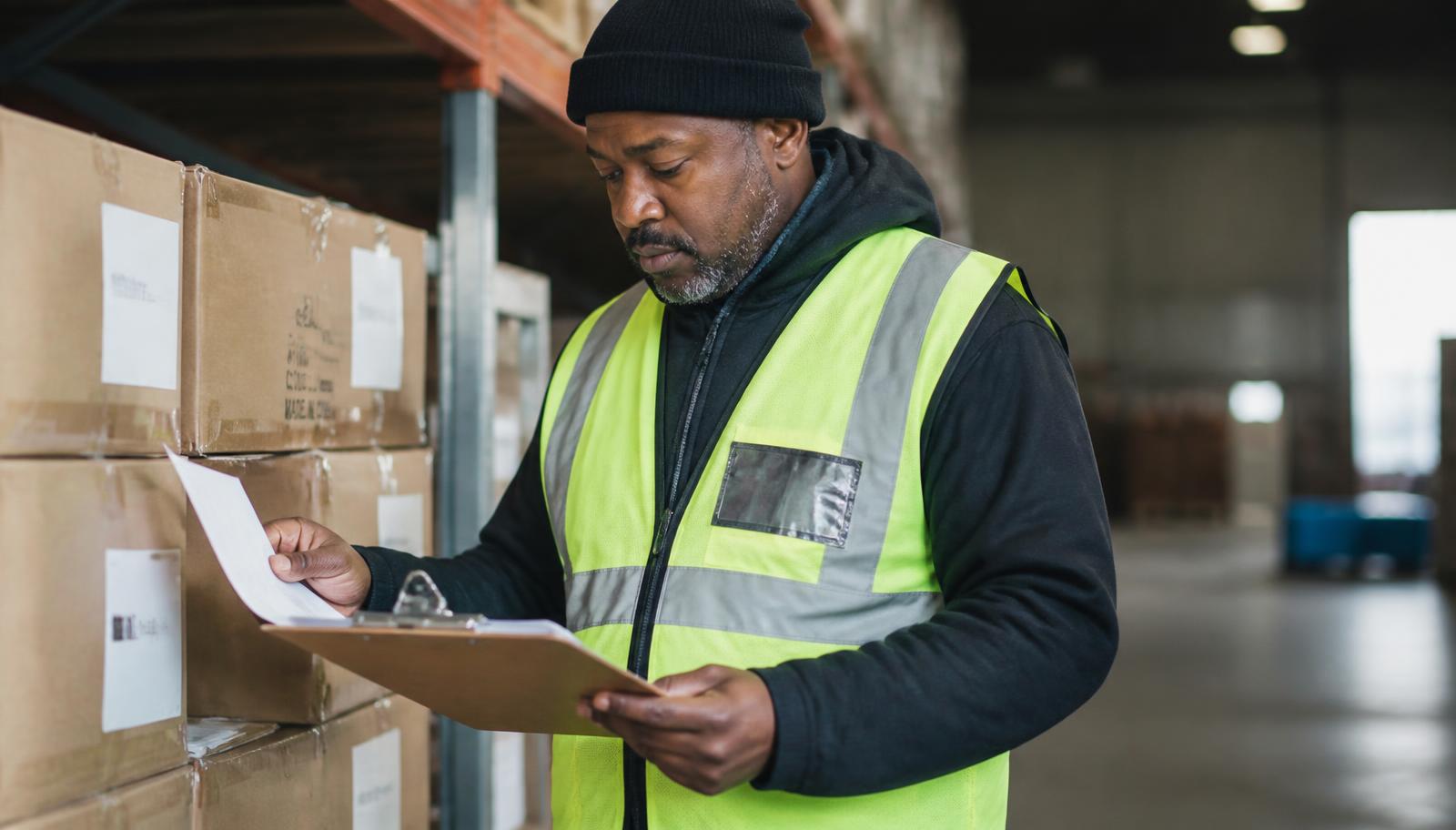 A warehouse worker reviewing paperwork on a clipboard next to stacked boxes