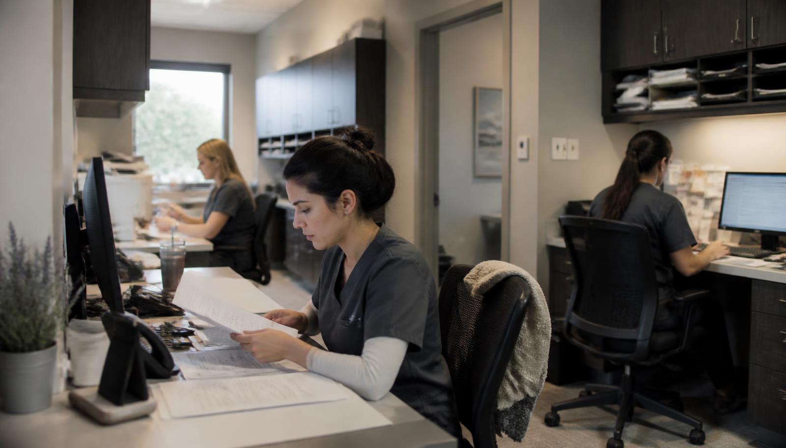 A clinic back office with staff at several workstations handling patient paperwork