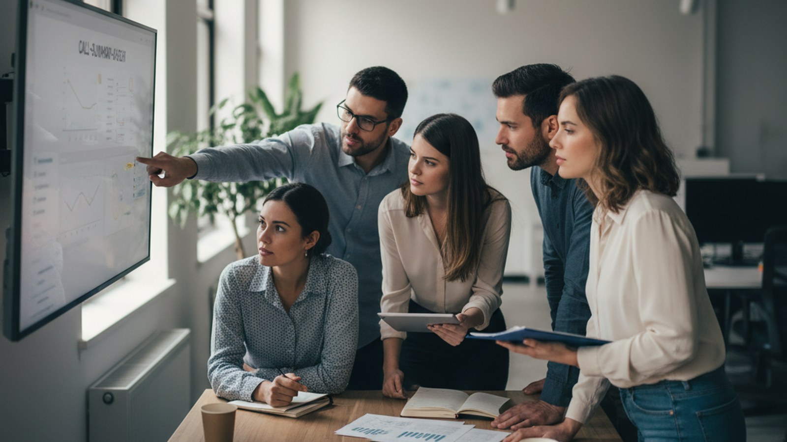 A sales team gathered around a monitor reviewing a batch of call summaries before a pipeline review