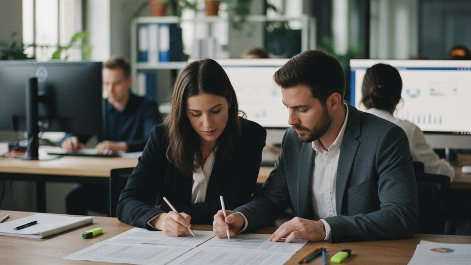 Two accountants going through a month-end close checklist on paper at a desk