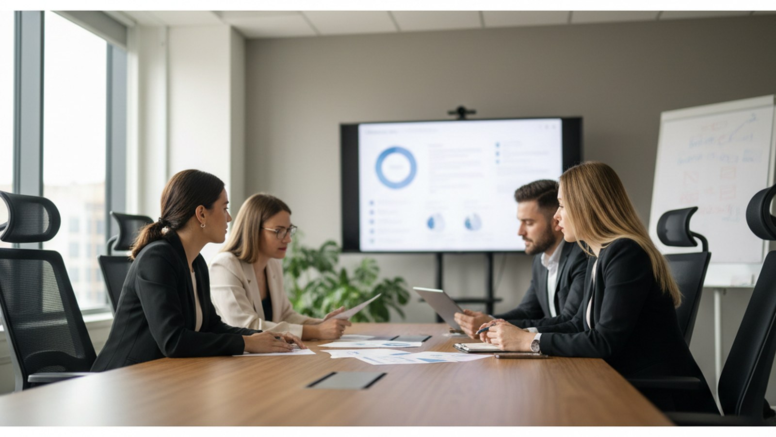 A small HR team meeting around a table reviewing feedback survey results from recent hires