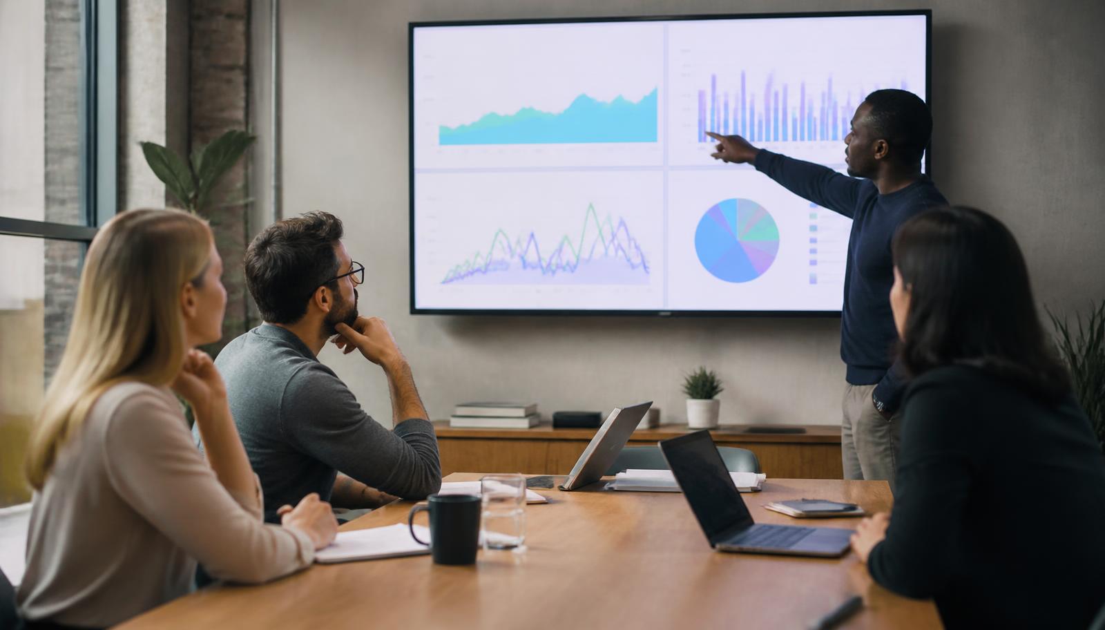 A weekly review meeting where colleagues examine conversation quality charts on a wall screen