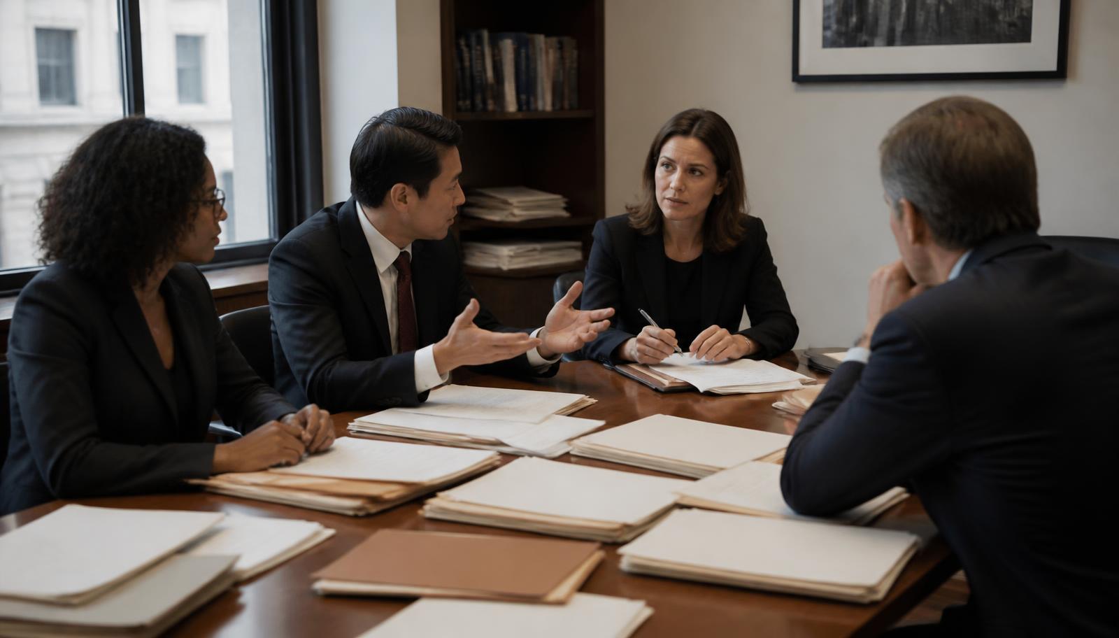 A legal team around a conference table with case folders discussing which matters to take