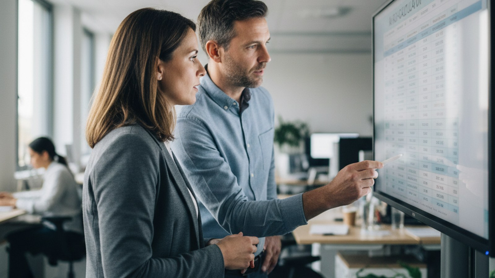An operations manager walking a finance colleague through an ROI spreadsheet on a shared monitor