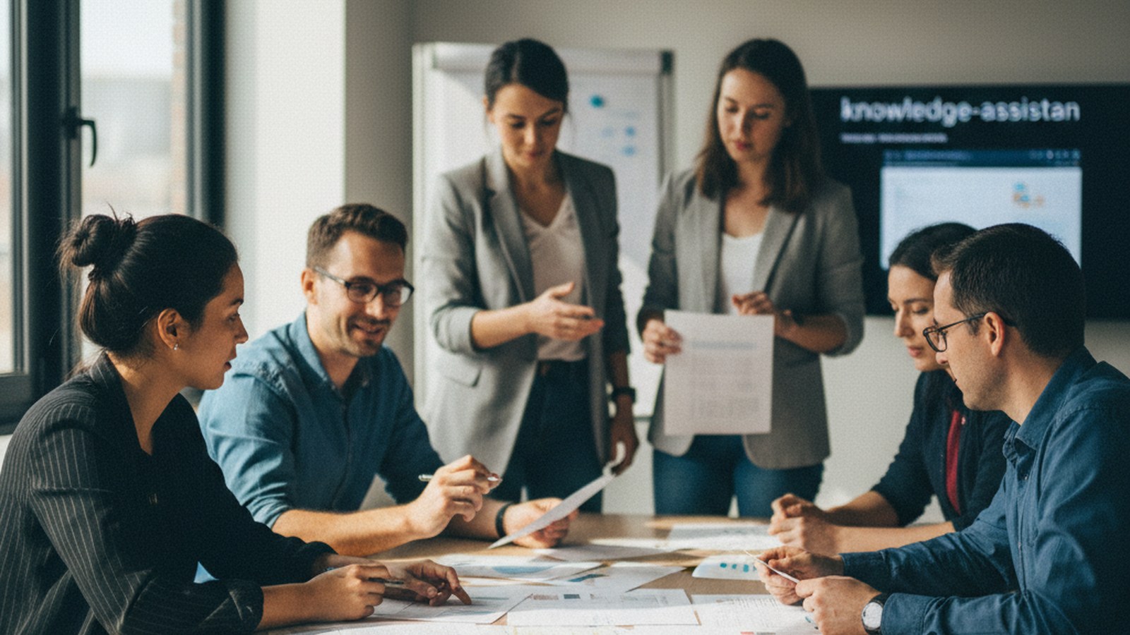 A cross-functional team in a meeting room reviewing a printed list of sample assistant answers together