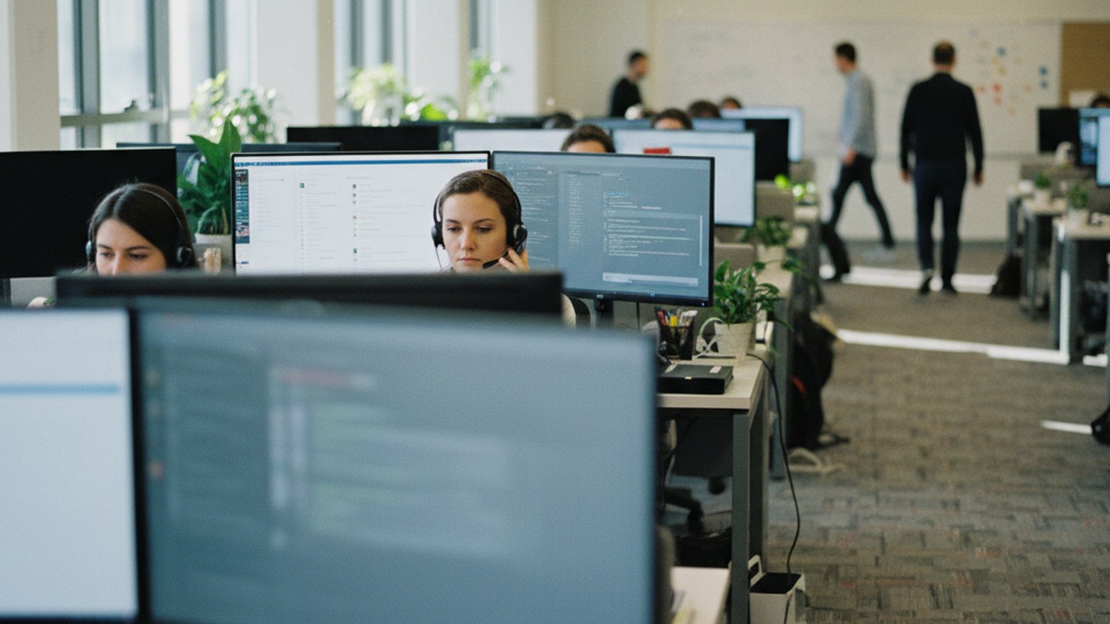 A support team floor with agents at desks, headsets on, monitors showing chat queues