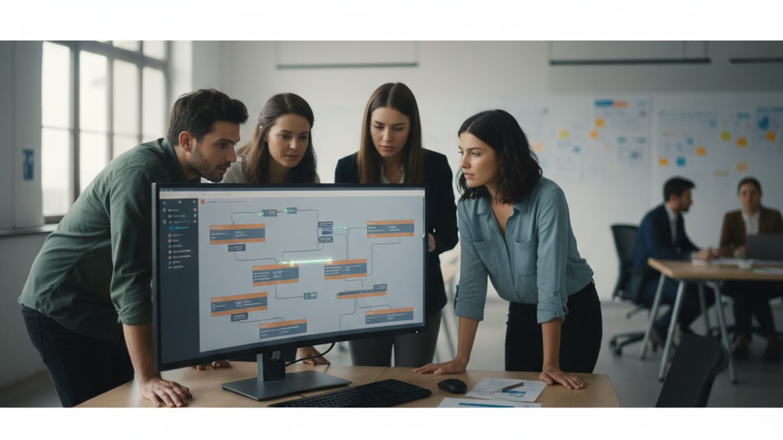 A small team standing around a shared monitor watching a workflow run in real time