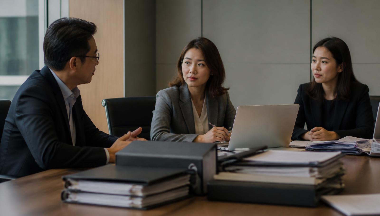 An audit meeting in a boardroom with stacked document folders and open laptops