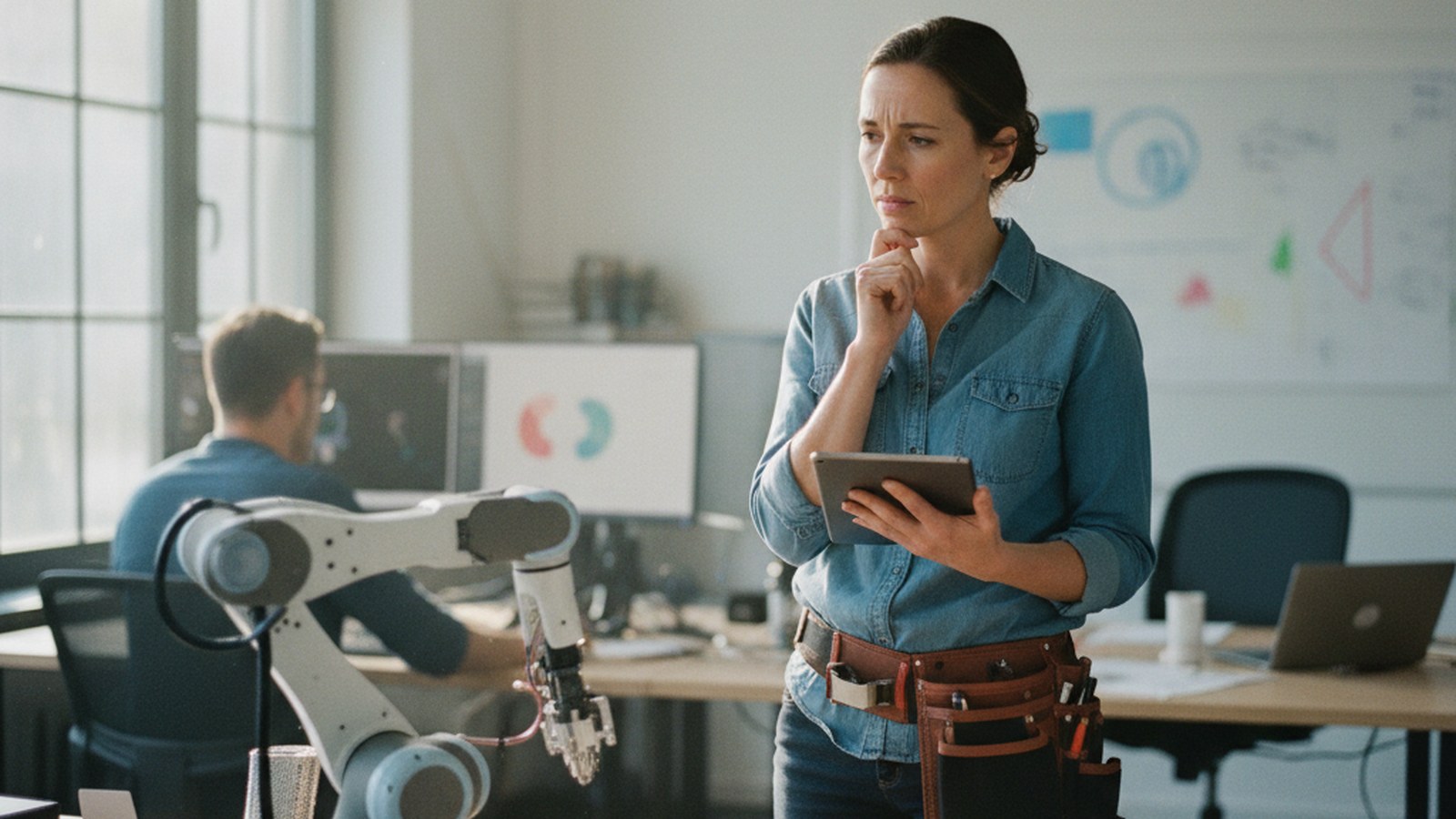 A worker pausing mid-task, deciding whether a judgment call still needs their own review