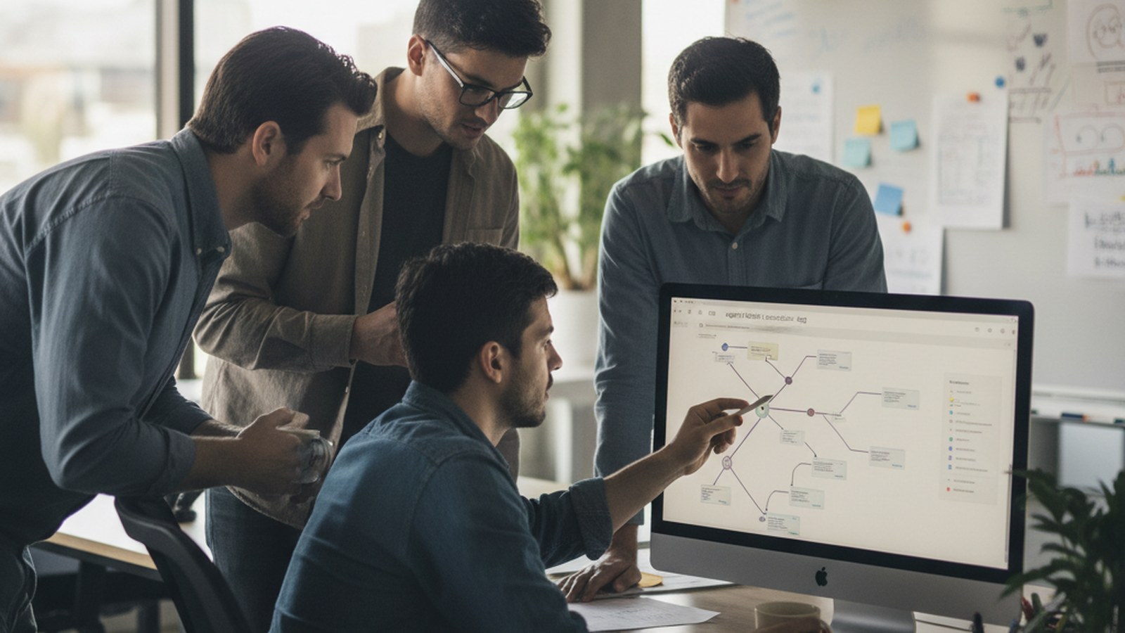 A small engineering team gathered around a monitor tracing an agent chain's execution log