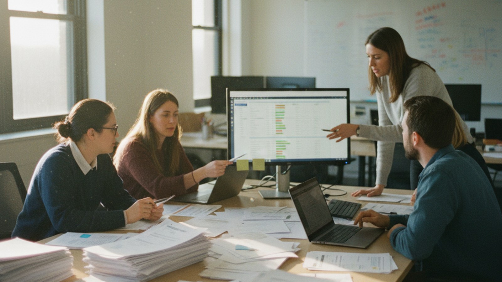 A recruiting team collaborating over paperwork and a shared candidate tracker