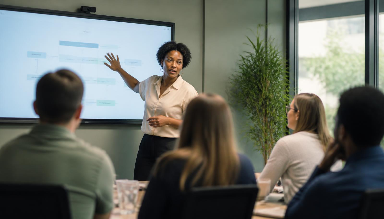 An internal training session where a facilitator walks employees through a tool on a large screen