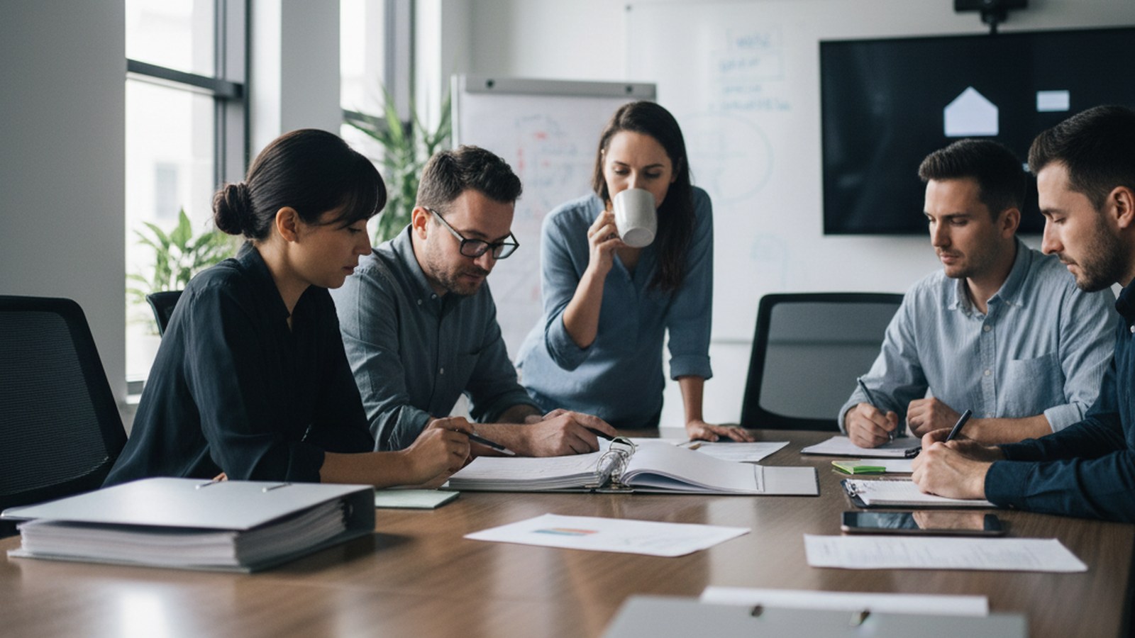 A small team in a meeting room reviewing a printed prompt library binder