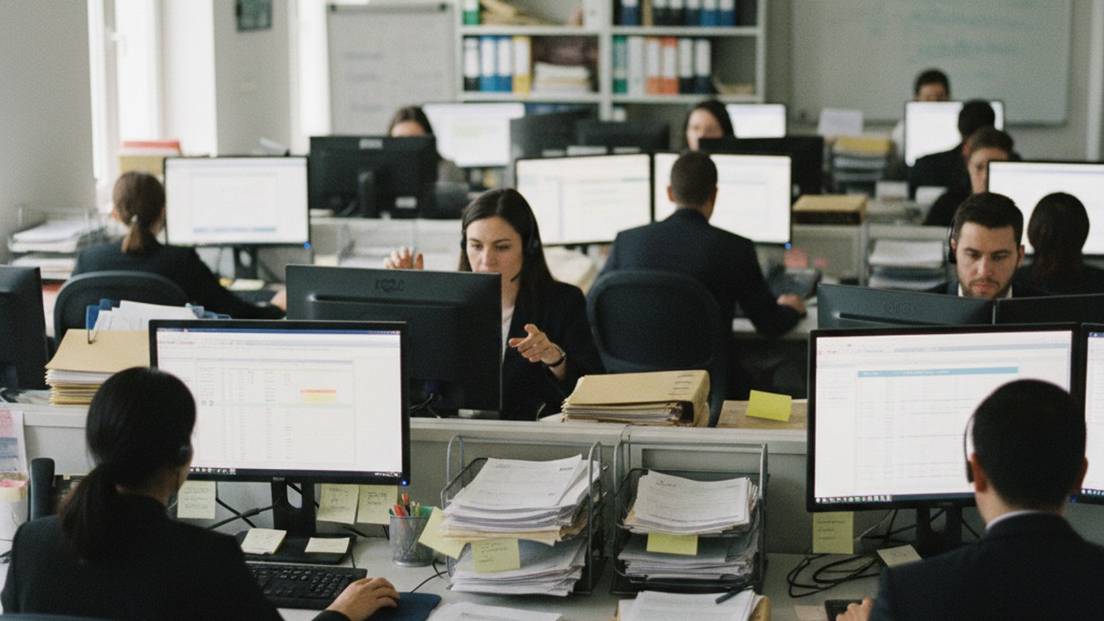 An accounts payable office with several desks, monitors showing spreadsheets and invoice queues, filing trays stacked with paper