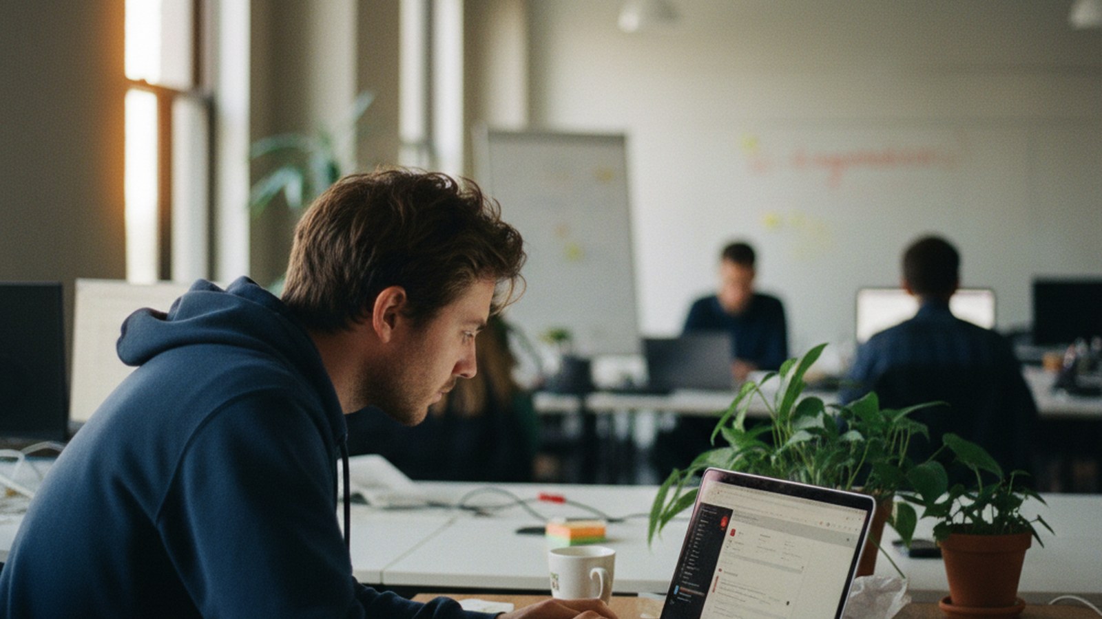 A support engineer investigating a failed automation run flagged in a Slack alert on a laptop