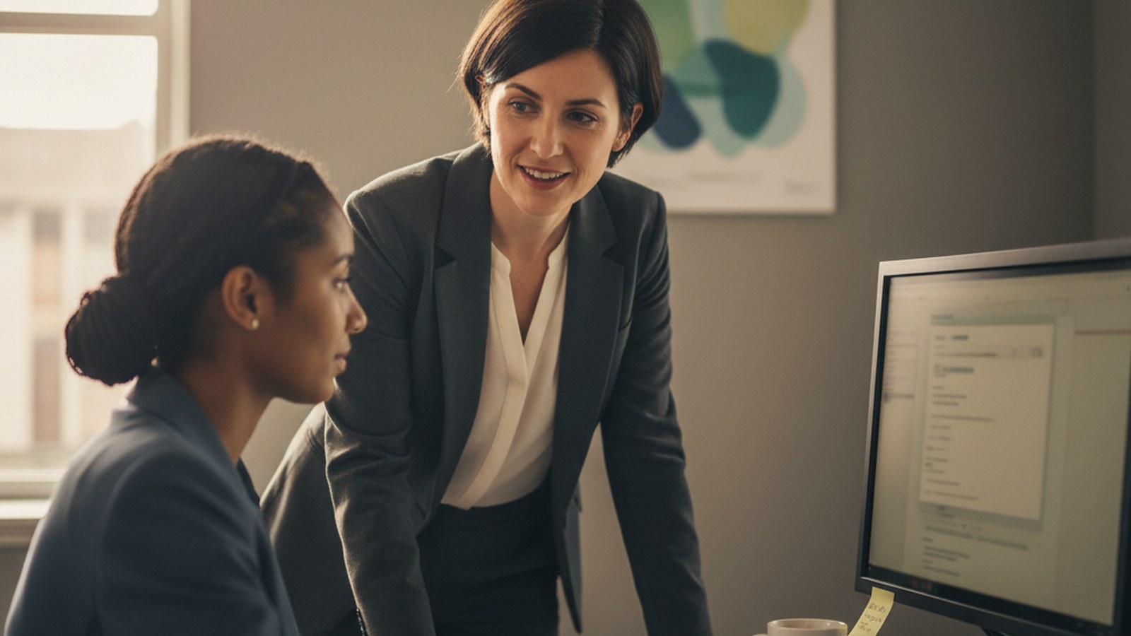 A support team lead checking in with a moderator at their desk, a wellness poster visible on the wall