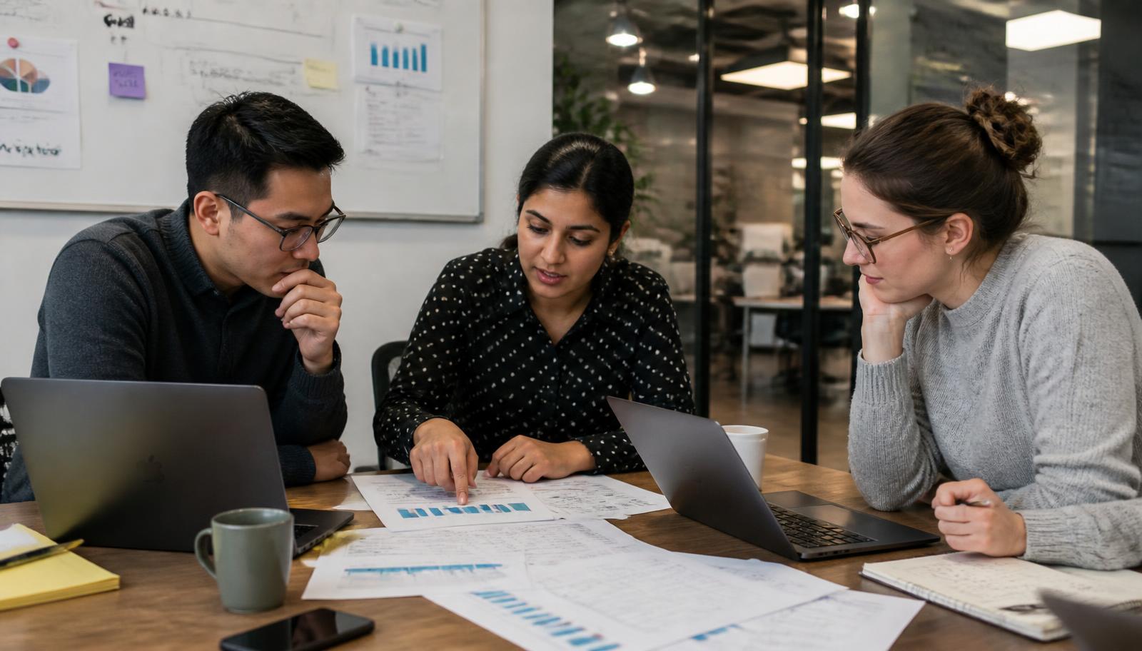 A small analytics team reviewing a draft report together before it goes out to stakeholders