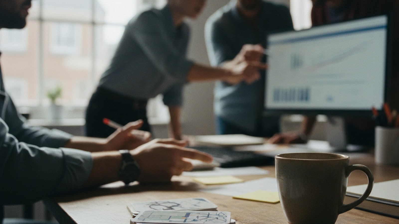 A small stack of printed prompt cards fanned out on a desk next to a coffee mug