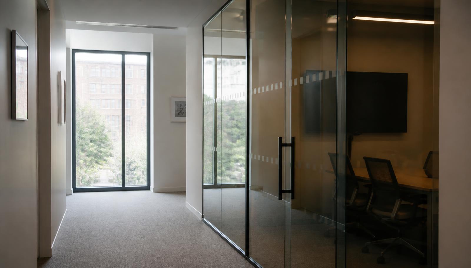 A quiet office corridor outside an executive's meeting room with light coming through a window