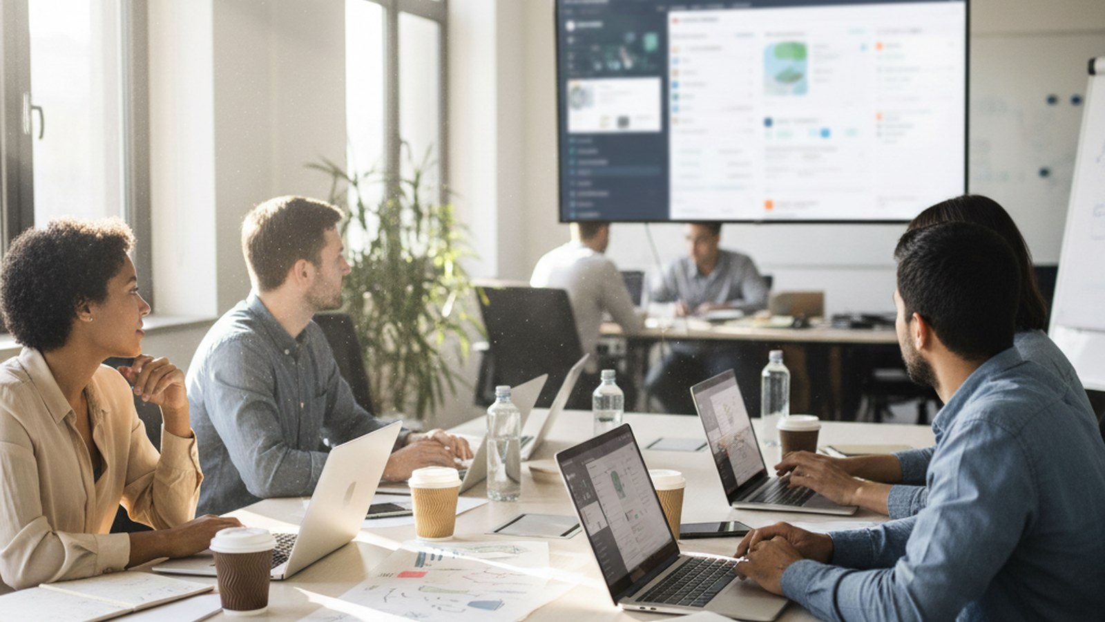 A content operations team meeting around a table with laptops open to a shared knowledge base dashboard
