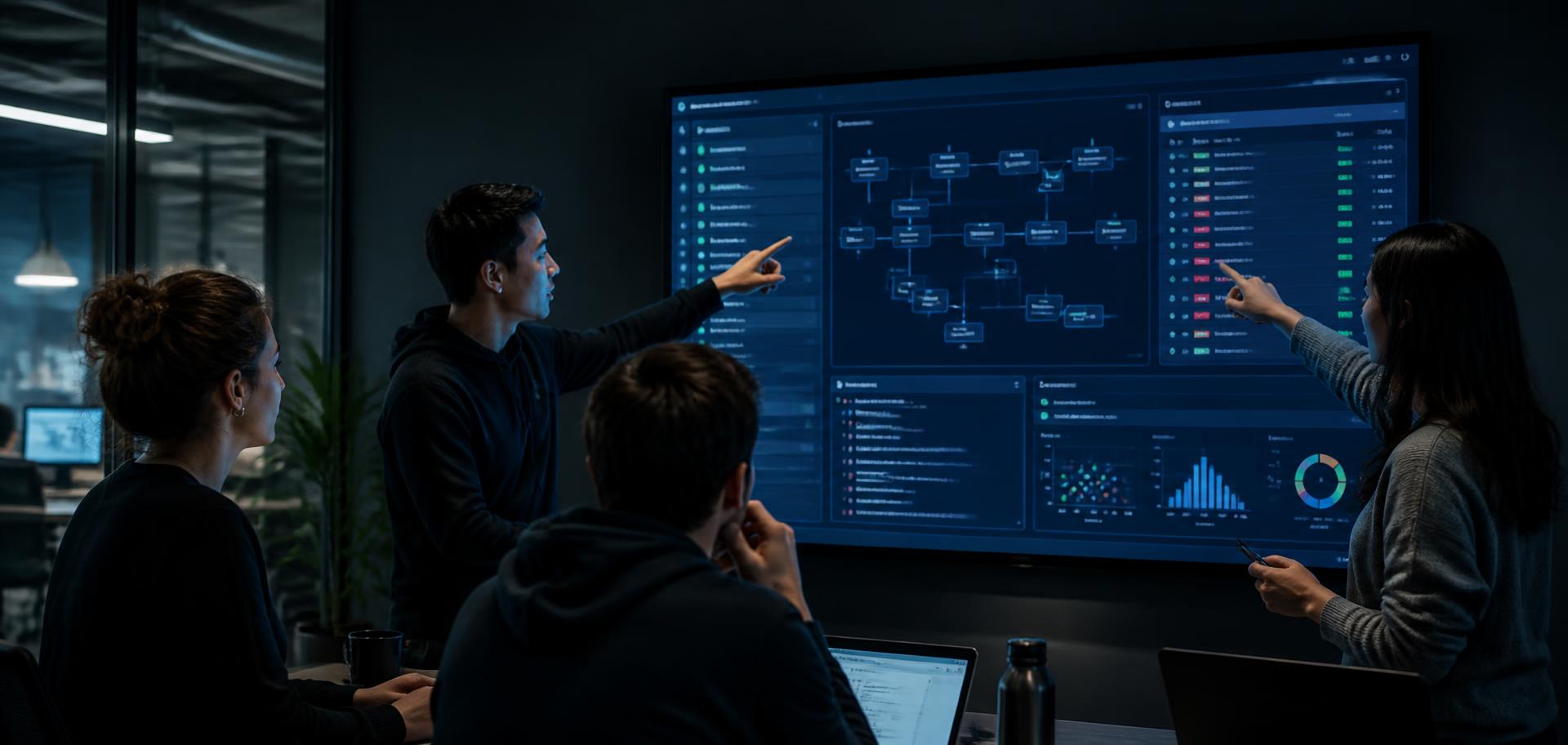 A product team reviewing an agent evaluation dashboard on a wall monitor