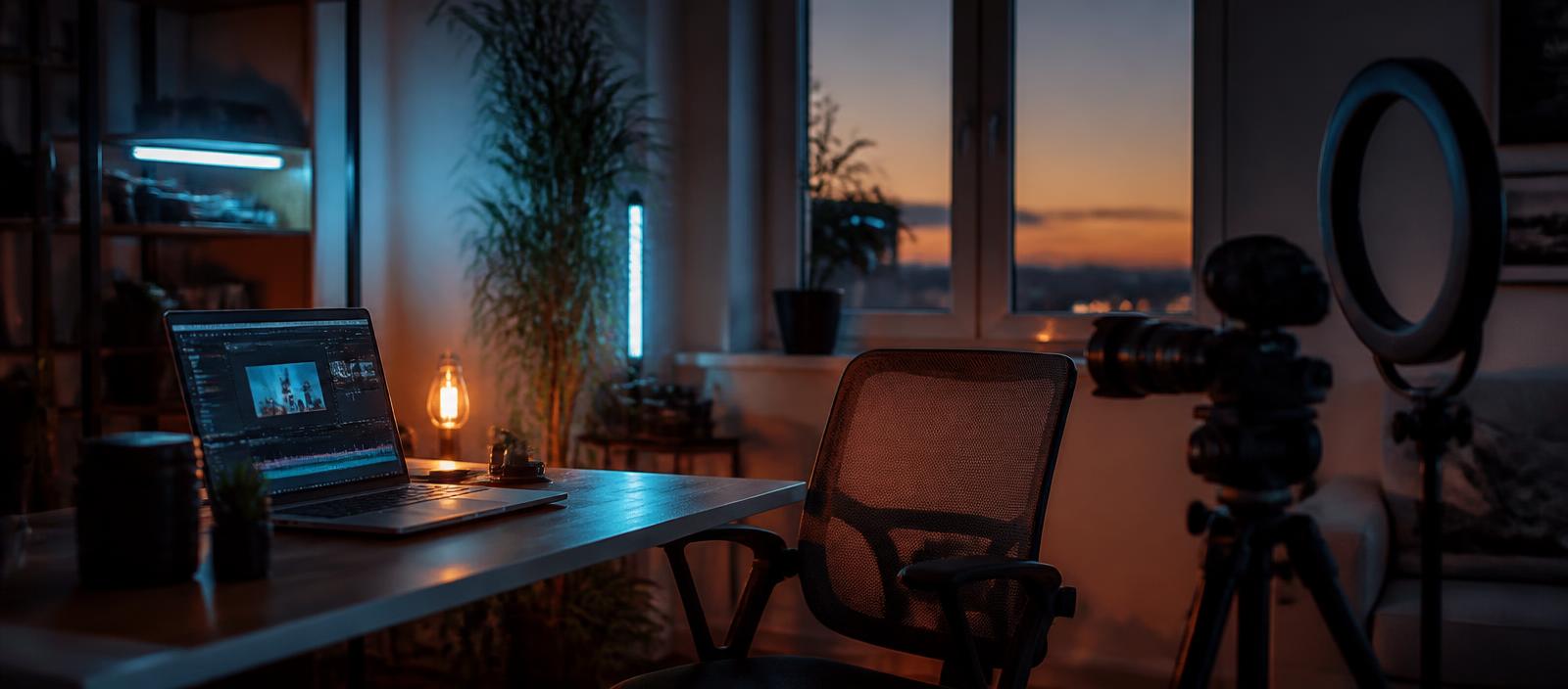 A creator's studio at dusk with a camera on a tripod, ring light and a laptop still running an edit